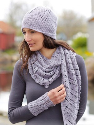 DROPS Viola Häkeln Mütze, Halstuch und Fäustlingen - Deutschsprachige Anleitung										